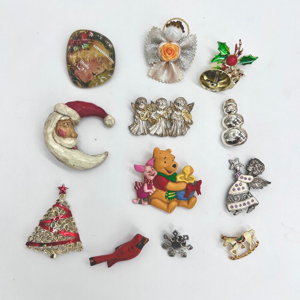 Vintage Christmas Winter Brooch Lot Santa Moon Winnie the Pooh Holiday Jewelry